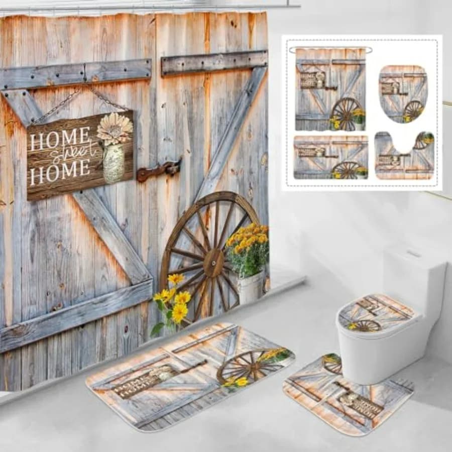 Set da 4 Pezzi per Bagno Stile Rustico con Tenda Doccia, Tappetini Antiscivolo, Copriwater e Tappetino da Bagno con Motivi Floreali Campestri