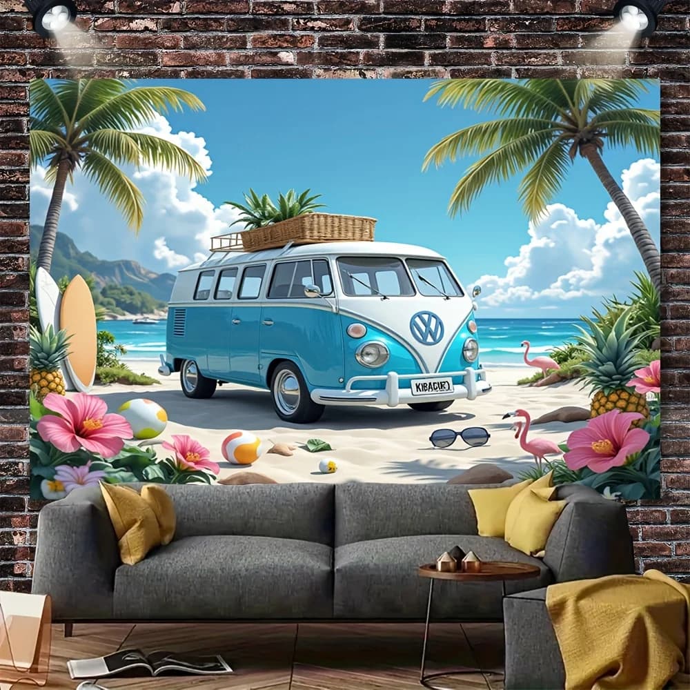Tropical Beach Van Tapestry - Vibrant Summer Scene with Palm Trees and Surfboard for Home Decor, Perfect for Any Room