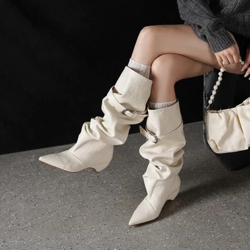 Women Genuine Sheepskin Slouch Mid Calf Boots Pointed Block Heel Buckle Strap Fold Over Black Off White Single Fleece LinedF59