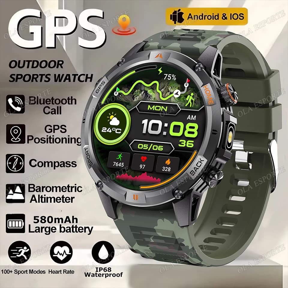 Smart Watch Men's Outdoor 580mAh Large Size Battery Compass Track GPS Heart Rate IP68 Waterproof Call Bluetooth Sports Smartwatch Women's