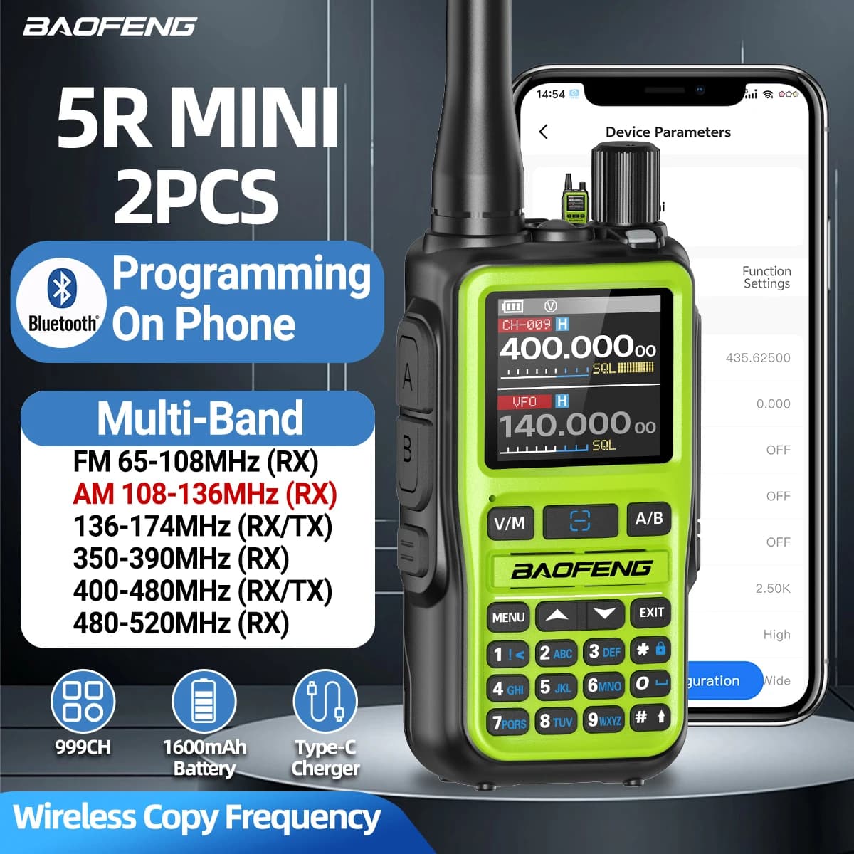 Baofeng UV 5R Mini Walkie Talkie Bluetooth Frequenza di programmazione Tipo-C Caricatore Doppia banda PTT AM/FM Camping Radio portatile a 2 vie