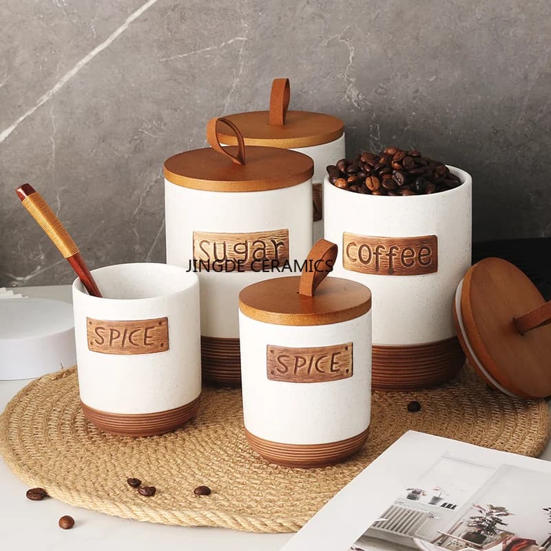 1pc Ceramic sealed jar Coffee sugar storage jar Kitchen seasoning jar with lid kitchen Wooden lid Candy storage container
