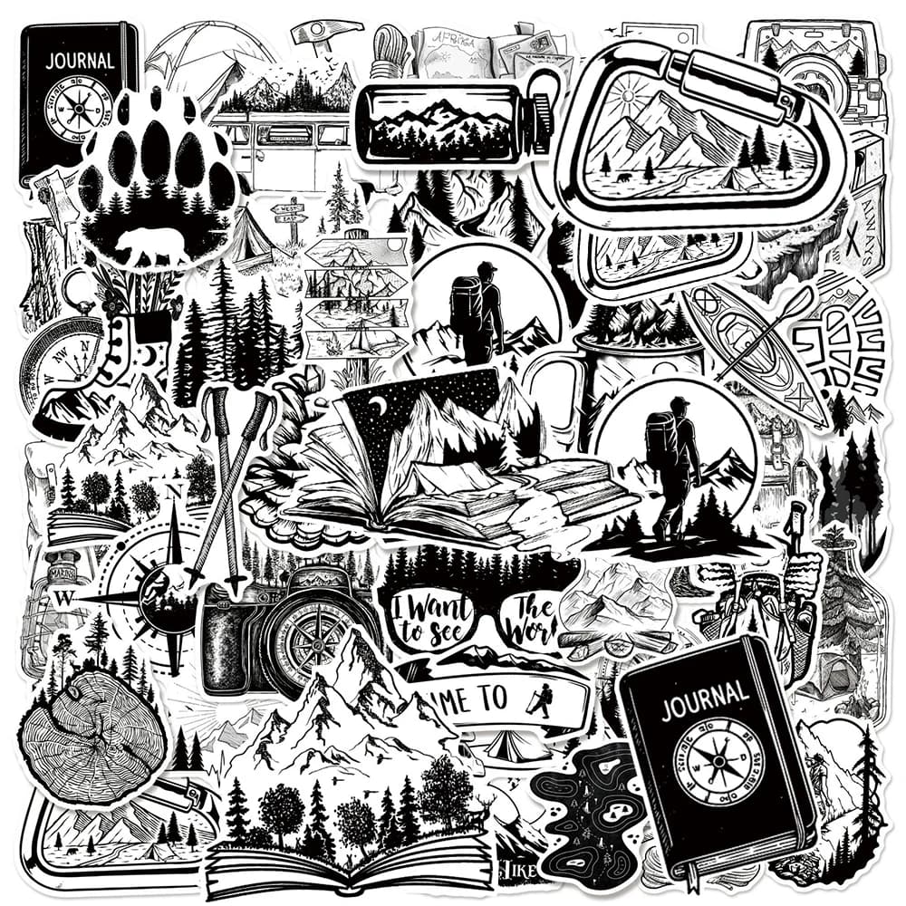 10/30/50pcs Black White Outdoor Mountain Climbing Stickers Hiking Camp Cartoon Decals DIY Guitar Notebook Wild Adventure Sticker