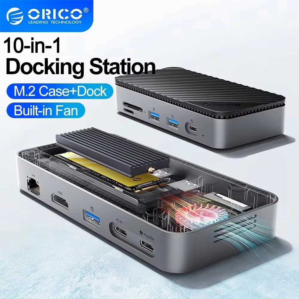 ORICO USB C HUB con ventola di raffreddamento M.2 NVMe SATA SSD Custodia esterna 10 Gbps 4K a 60 Hz Docking station SD/TF HDMI-Com RJ45 per PC