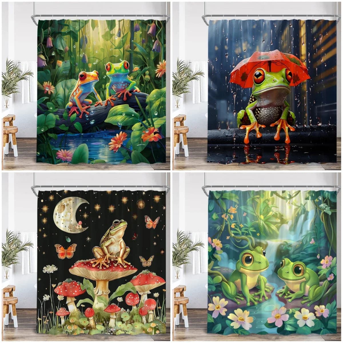 Divertente rana tenda da doccia animale foglia di loto stagno fungo foresta pluviale vintage estate bagno arredamento tenda da bagno per bambini con ganci