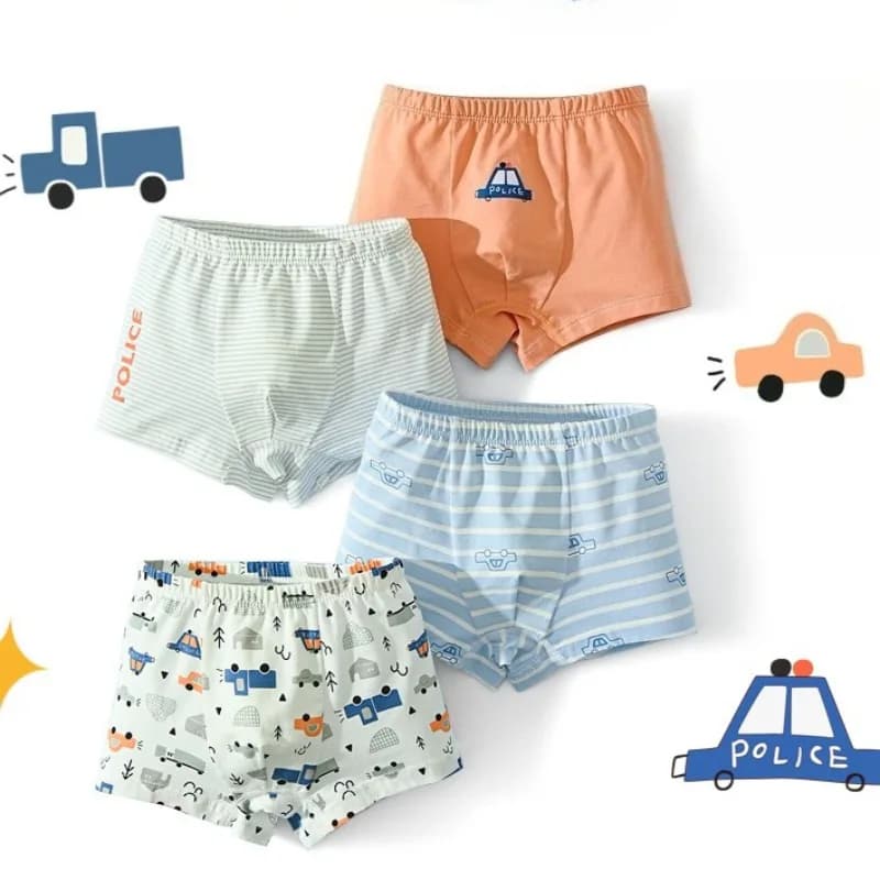 4PCS Kids Cotton Soft Antibacterial Panties for Boys Cute Car Print Underwears 3+y Young Children Breathable Comfort Knickers