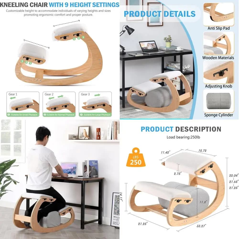 Sedia Ergonomica in Legno per Piegarsi in Ginocchio con Seduta Angolata e Cuscini per Migliorare la Postura a Casa o in Ufficio