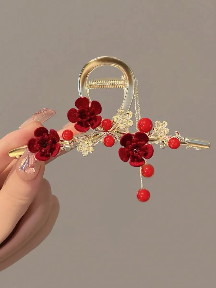 Fermaglio per capelli con nappe di perline floreali rosse per donna, accessorio elegante per capelli