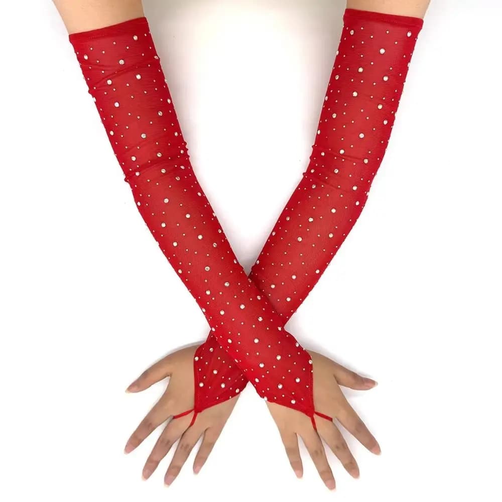 Elegance Shiny Rhinestone Mesh Gloves 42cm Mesh Fingerless Gloves Arm Sleeves Breathable Glitter Long Gloves Stage Performance