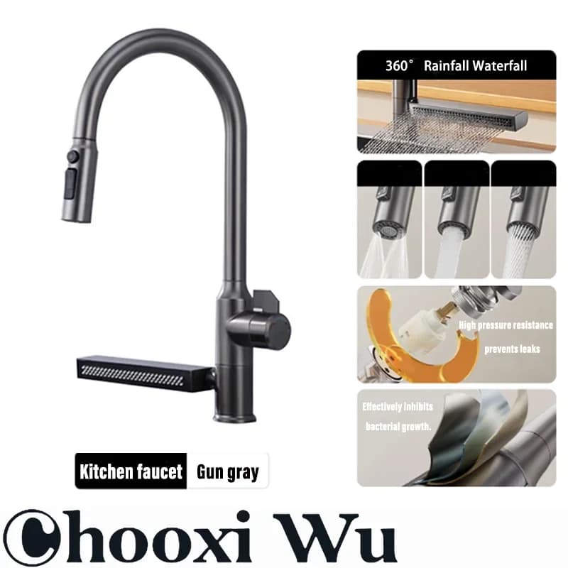 Rubinetto da Cucina in Acciaio Inox 304 con Cascata, Installazione su Piano di Lavoro, Miscelatore Acqua Calda e Fredda, Girevole a 360° ° Rotazione per Cucina