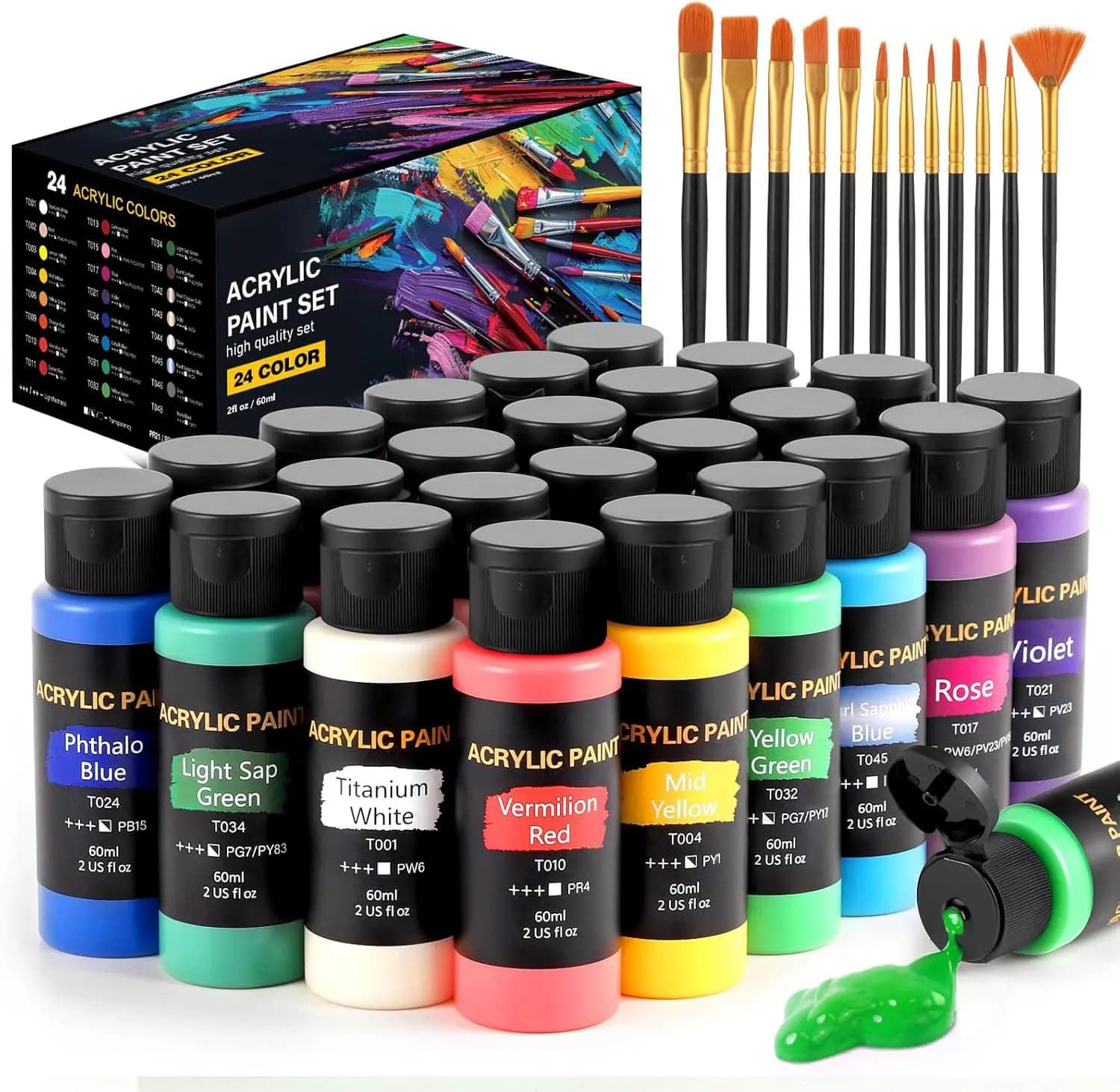 24 Colors Acrylic Paint Set, 2 oz/Bottle with 12 Brushes, Art Supplies for Canvas, Wood, Ceramic & Fabric, Non-Toxic, Vibrant Colors for Beginners & Artists