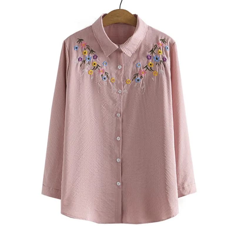 Plus Size 4XL Women's Shirts, Spring Tops with Floral Embroidery on Petto, Long Sleeve Cotton Blouses, Curvy Clothing
