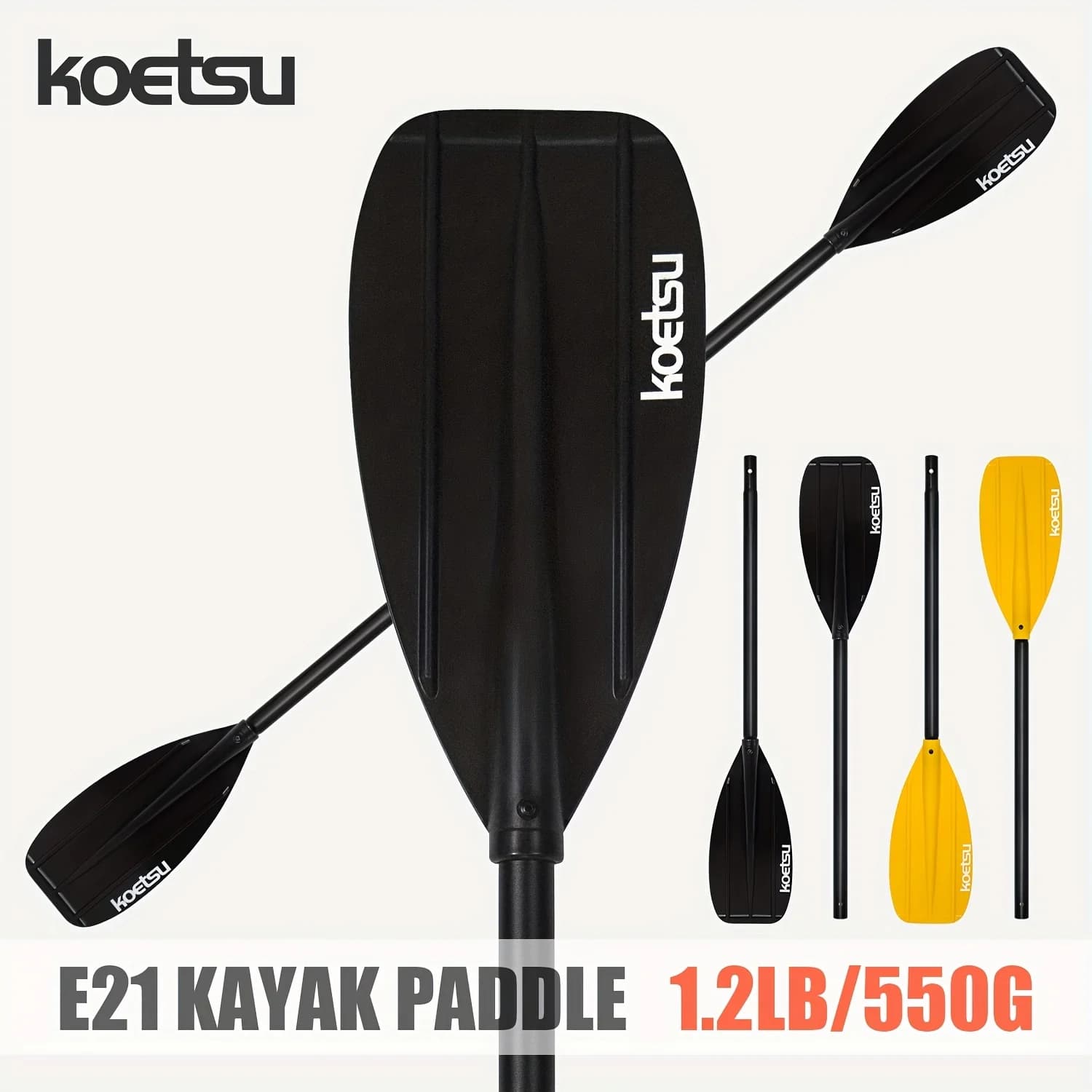 KOETSU E21 Pagaia per kayak leggera in 2 pezzi con albero in alluminio, lama curva, chiusura forte per principianti, altezza 1,55 m