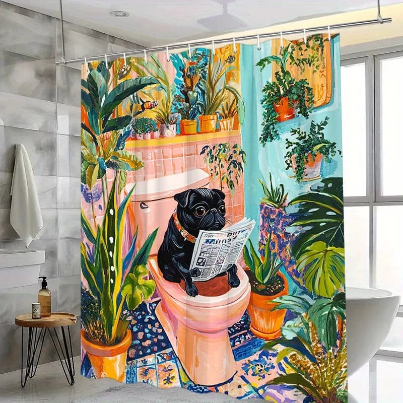 Tenda da doccia stravagante con carlino nero da 1 pezzo - Sfondo rosa, piante giungla tropicale, poliestere, 70,8x70,8 pollici, 12 ganci, lavabile