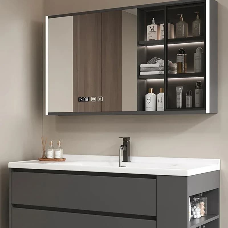 Mobile bagno salvaspazio a parete con specchio in PVC, armadietto per farmaci, mobile stretto in MDF, lavabo e doppio WC