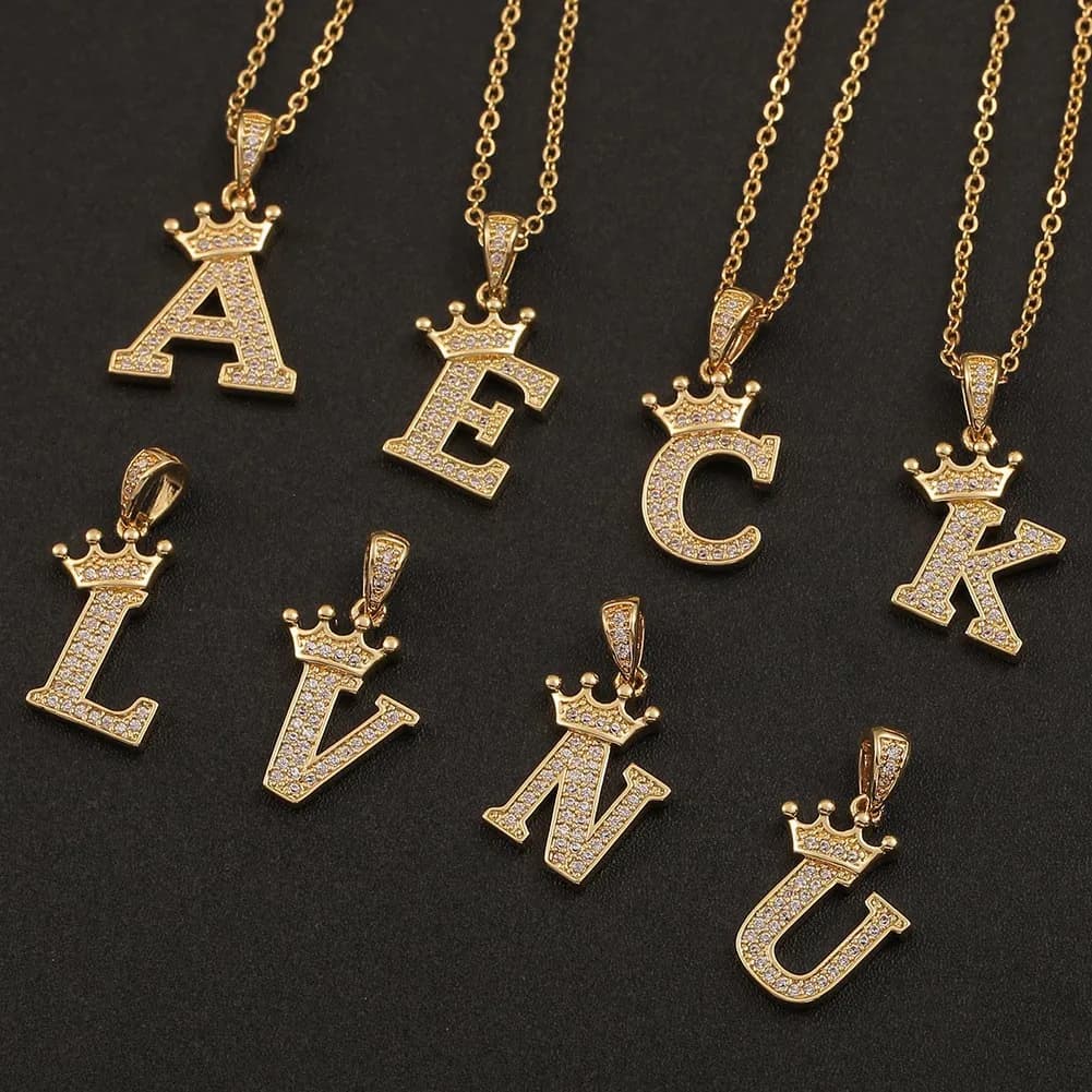 New Luxury Copper Zircon A-Z Initial Letter Necklace Crown Alphabet Pendant Necklace Hip-Hop Style Fashion Woman Man Jewelry