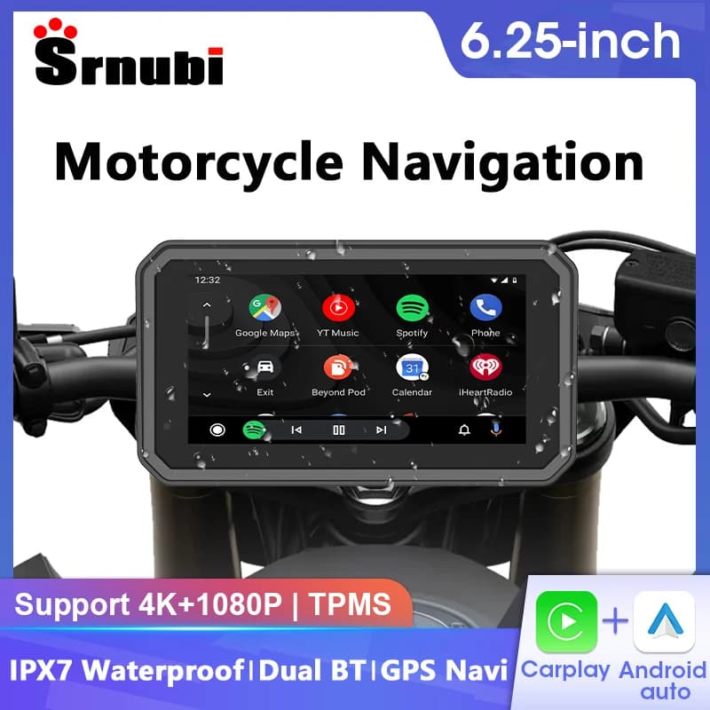 6.25 Inch Portable GPS Navigation for Motorcycle, CarPlay Wireless, Android Auto, Motorcycle Monitor, DVR, 4K+1080P Support, Waterproof IPX7
