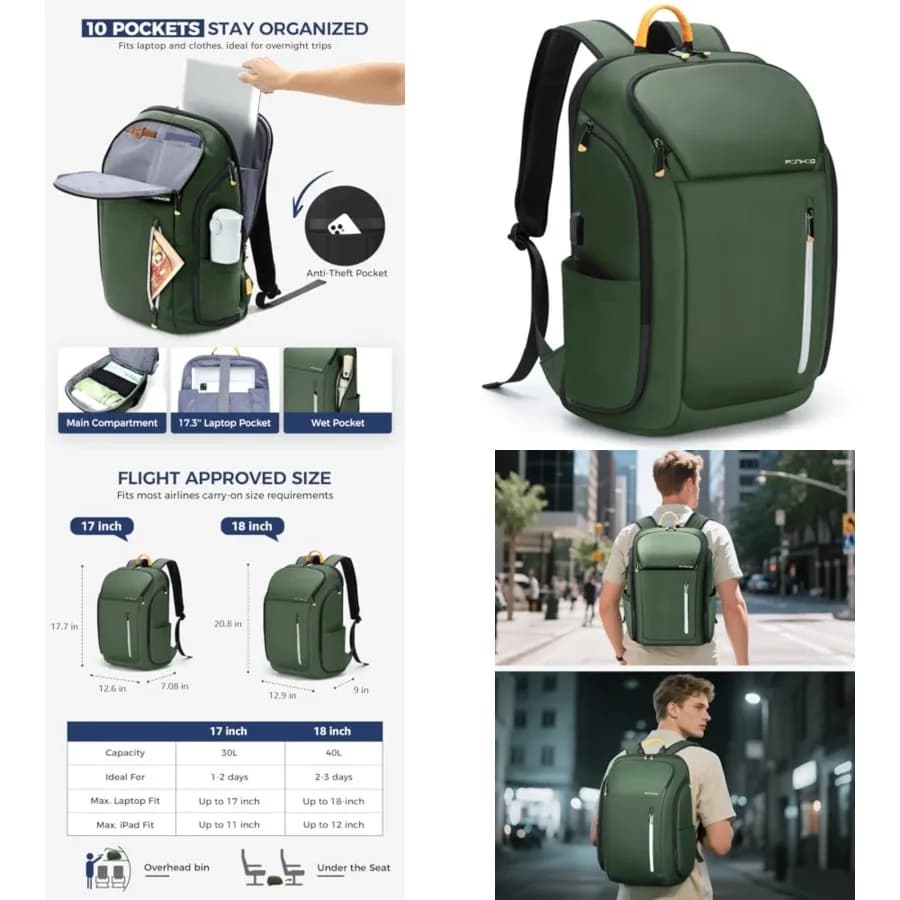 Zaino per laptop da uomo, zaino antifurto da viaggio con porta di ricarica USB, borsa per computer resistente all'acqua, bagaglio a mano per il volo A