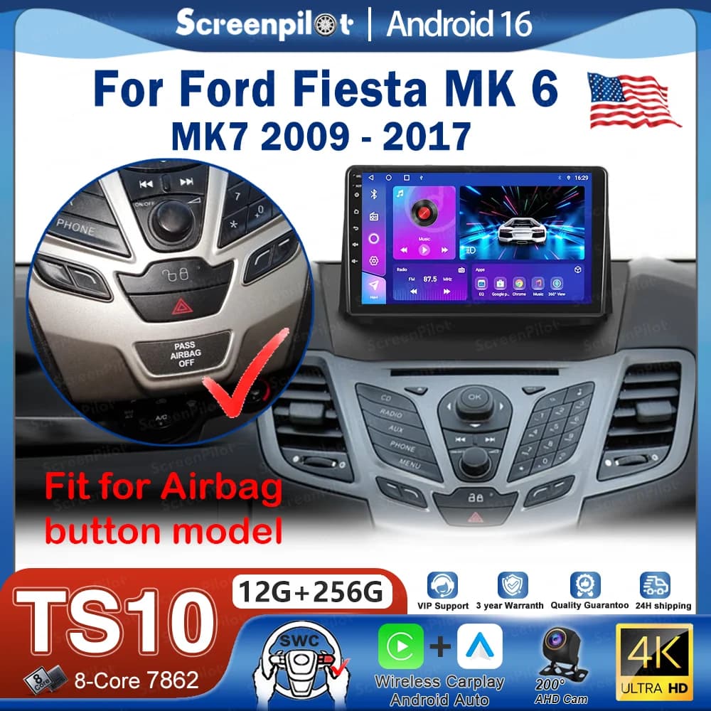 Android 16 Car Radio Stereo Head Unit For Ford Fiesta Mk 6 2009 - 2018 American Airbag Multimedia Video Player Navigation Touch