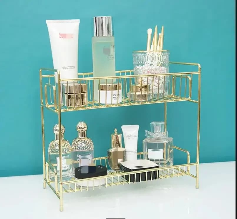 Scaffale portaoggetti in ferro battuto a due livelli Scaffali da bagno Scaffale da tavolo in metallo Porta cosmetici Organizzatore salvaspazio