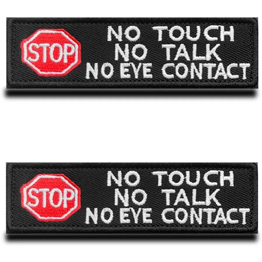 2 confezioni di servizio per cani No Touch No Talk No Eye Contact Stop Warning Gilet per cani sicuri Imbracature Patch Hook Loop Distintivo per cani ricamato