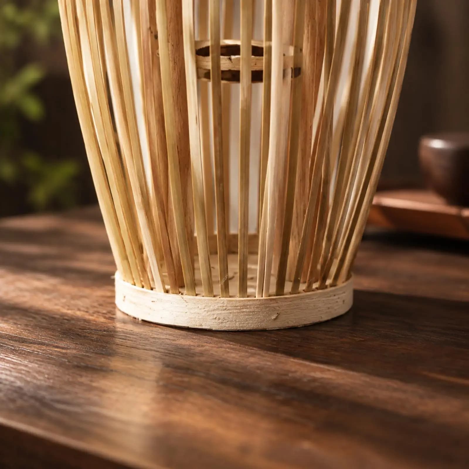 Rattan Wood Floor Candle Stand Freestanding Lantern Holder for Entryway Decor Warm Light Diffused Glow
