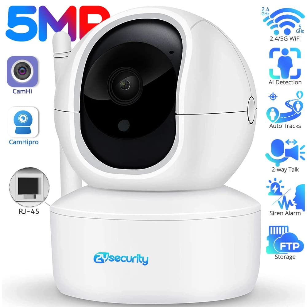 5MP 2.4/5G Wifi Camera with LAN Indoor Human Detect & Tracks Baby Camera Smart Home Security 2-way Audio Night Vision PTZ Camera