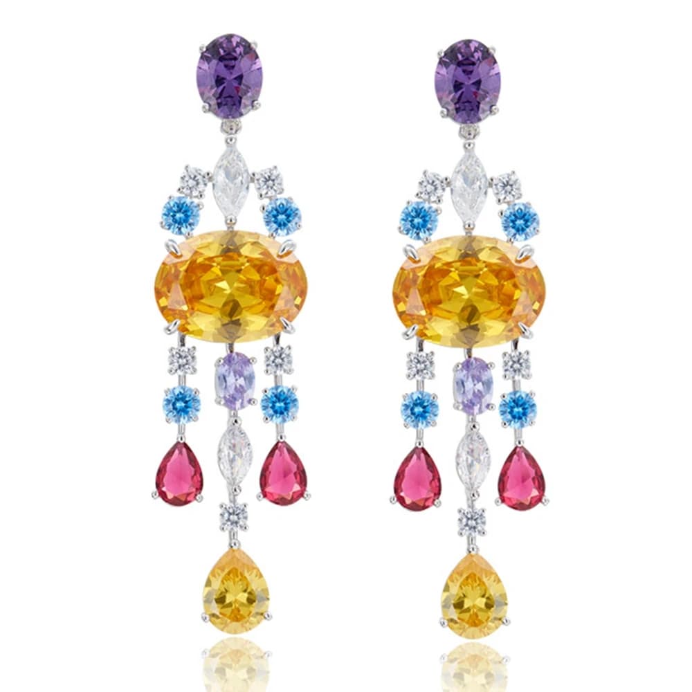 Colorfull rosso giallo blu CZ Diamond Stone grandi orecchini pendenti con nappe lunghe Designer di lusso gioielli placcati in oro reale per le donne