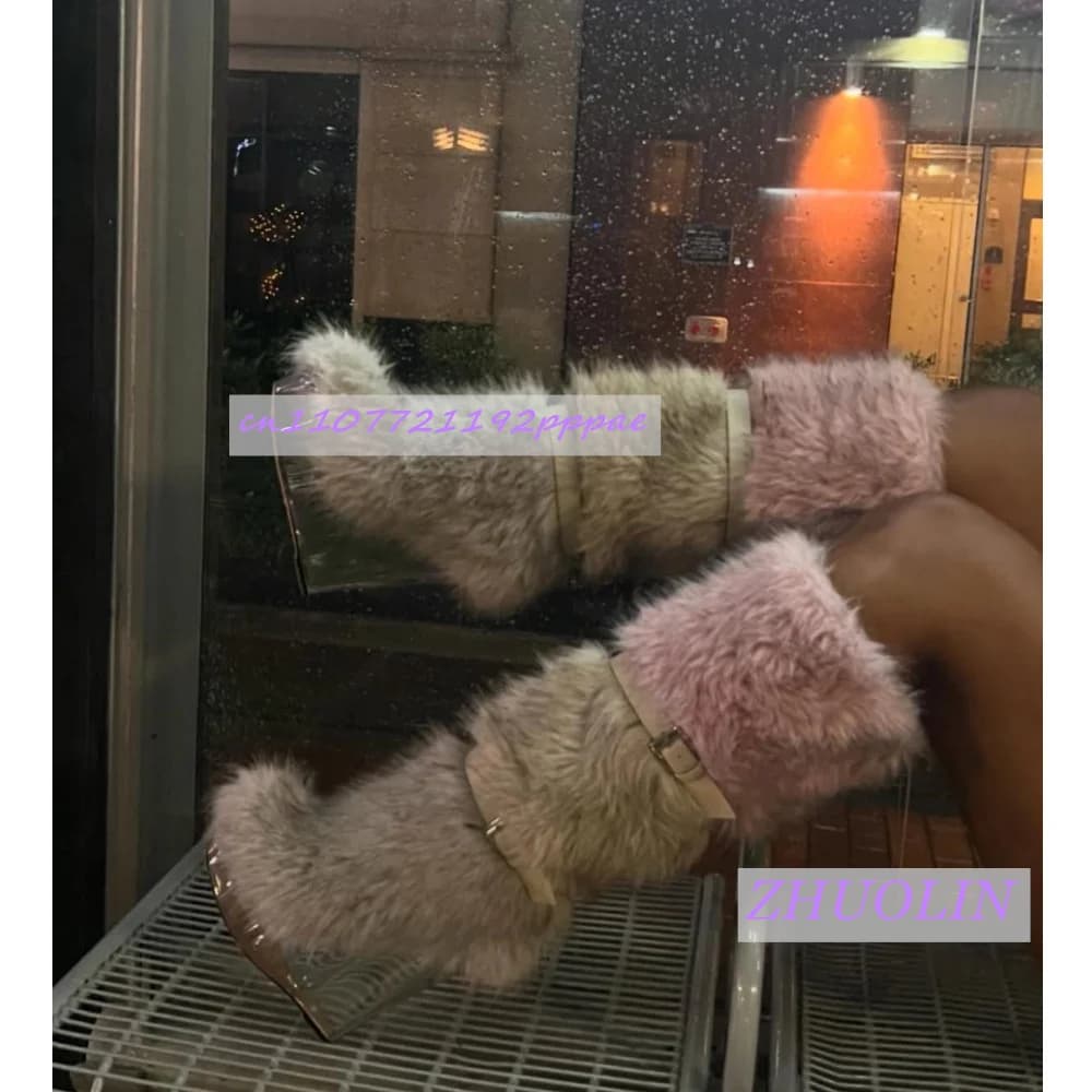 Boots with wedge transparent hairy winter foam Snow boots with buckle for women's belt Fashion trend Punk Runway Knee boots 43