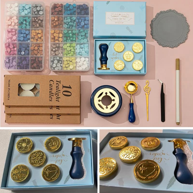 Seal Wax Stamp Set Sealing Wax Stamp+Stove+Stirring Stick+Wax Granule+Paint Pen+10pcs Round Waxes European Retro Brass Stamp
