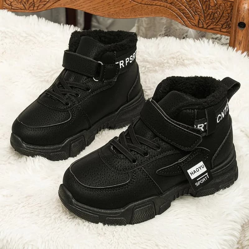 Stivali invernali per ragazzi e ragazze, stivali spessi e caldi in pelle, scarpe per bambini antiscivolo, stivali con cinturino in velcro, scarpe per bambini in tinta unita