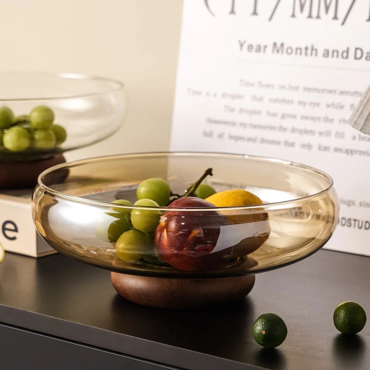 Piatto da frutta moderno in vetro per feste con base rotonda non tossica con motivo vegetale per snack domestici e piatti per riporre frutta secca