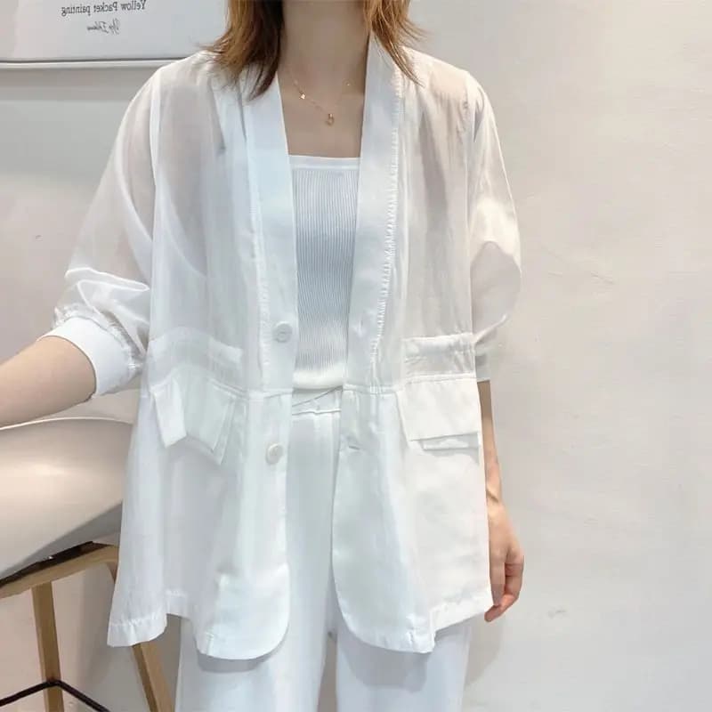Plus Size Waist With V-neck Blazer Black Women Cardigan Summer Protection Solar Jacket White Fashion Korean Coat Pocket Casual New
