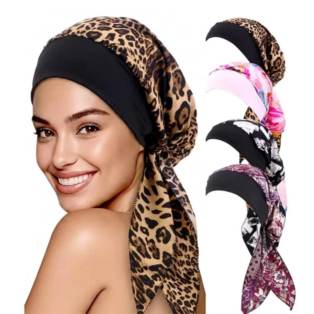 Flower Print Muslim Hijab Hat Long Tail Design Adjustable Fit Long Tail Head Wraps Soft Material Elastic Fabric
