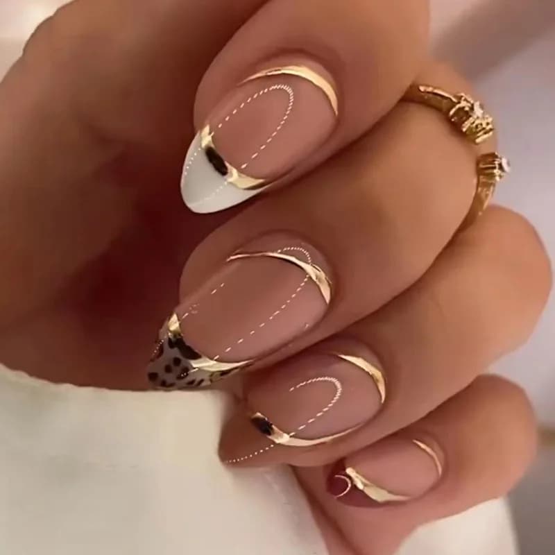 Medium-length fake nails for women and girls, almond bare tips with striped and golden design, fake nails with total cover.