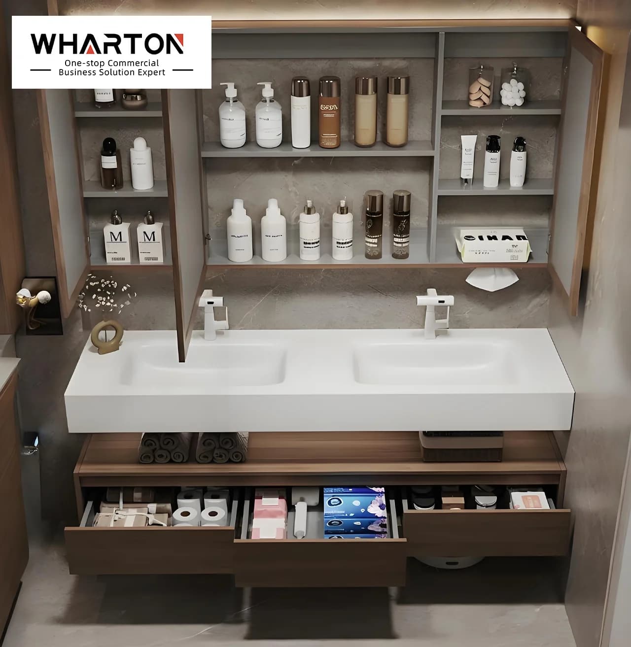 Mobile da Bagno Moderno con Specchio, Luce LED Impermeabile e Vano Portaoggetti
