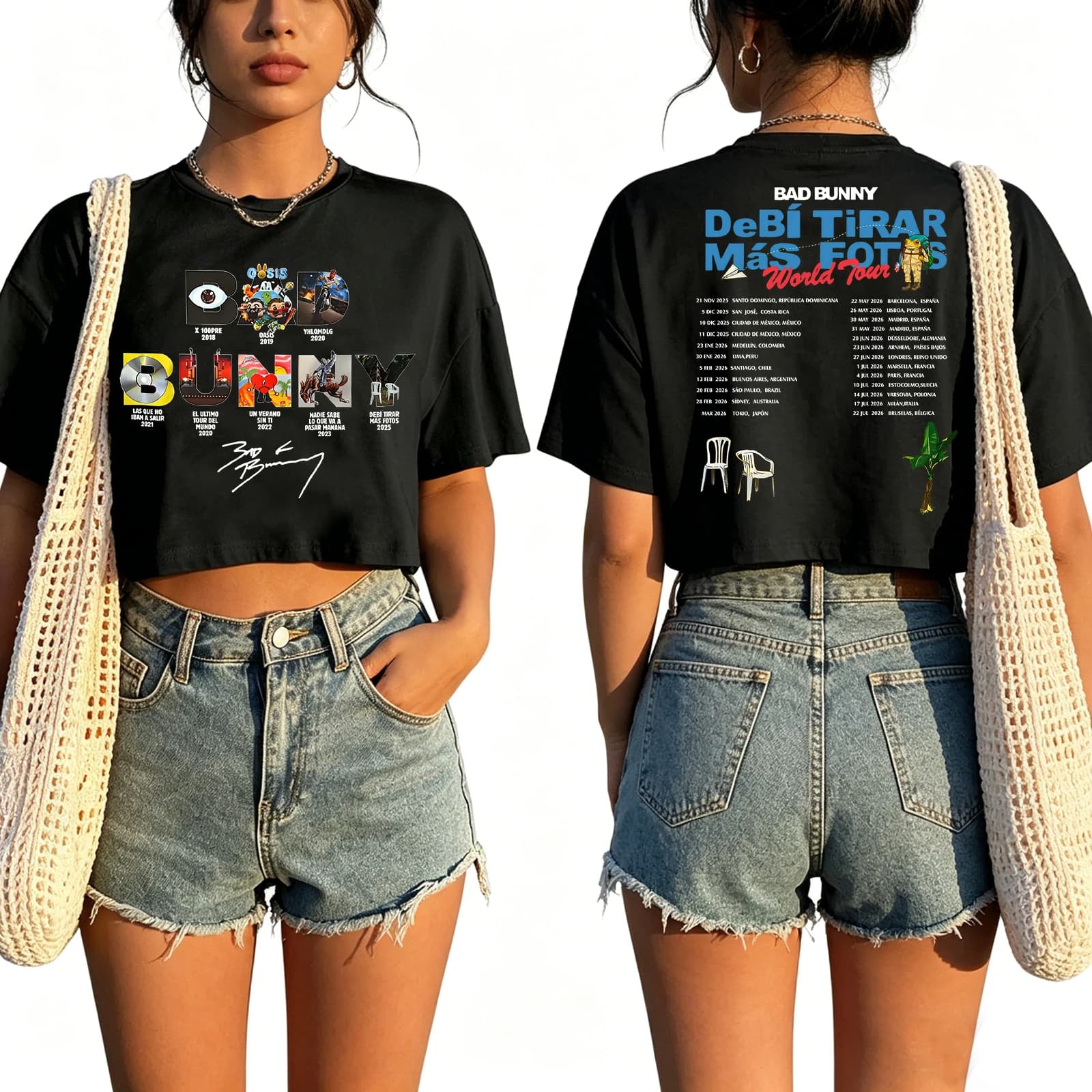 Maglietta Bad Bunny Tour 2026 da donna con scollo a O e maniche corte, top corto, t-shirt per i fan, idea regalo