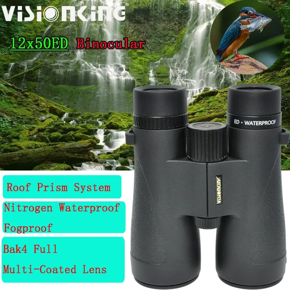 Binocolo Visionking 12X50 ED Impermeabile all'Azoto, Professionale FMC con Ampio Sollievo Oculare per Birdwatching, Campeggio, Turismo, Telescopio a Tetto