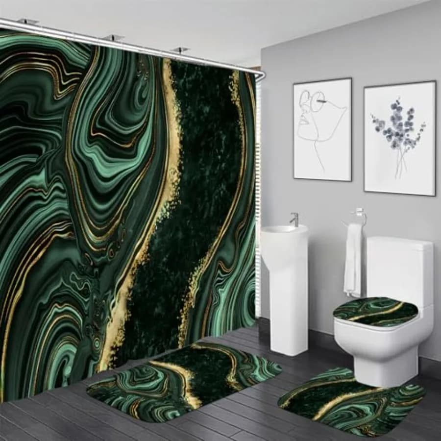4 Pcs Green Marble Shower Curtain Sets with Rugs Gold Bathroom Sets with Shower Curtain and Rugs Modern Abstract Bathroom Decor