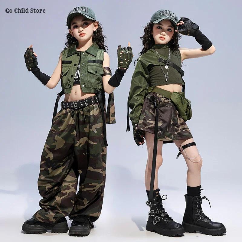 Ragazze K-pop Gilet mimetico Pantaloni cargo Bambini Crop Felpe con cappuccio Pantaloncini Bambino Streetwear Jazz Hip Hop Militare Ragazza Gruppo Set di vestiti