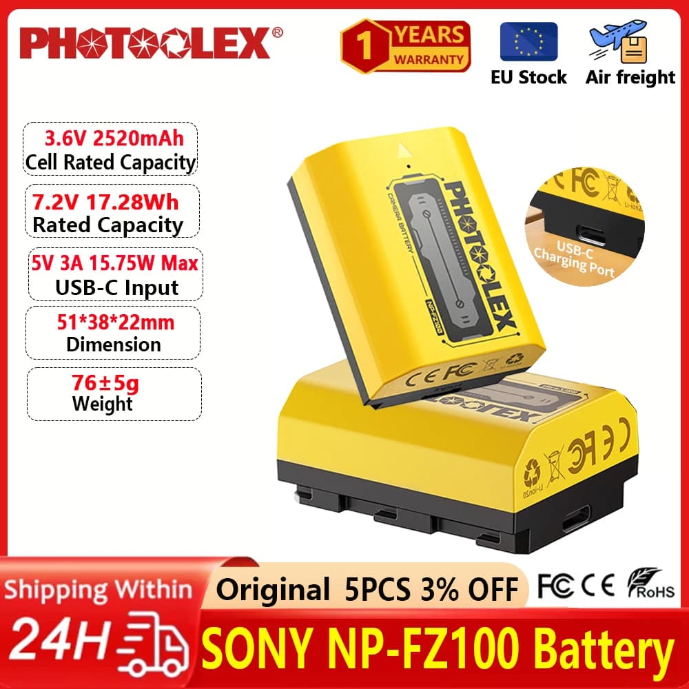 PHOTOOLEX NP-FZ100 Replacement Camera Battery 2520mAh USB-C Fast Charging Rechargeable for Sony Camera A6700 FX3 ZV-E1 ZV-E10M2K