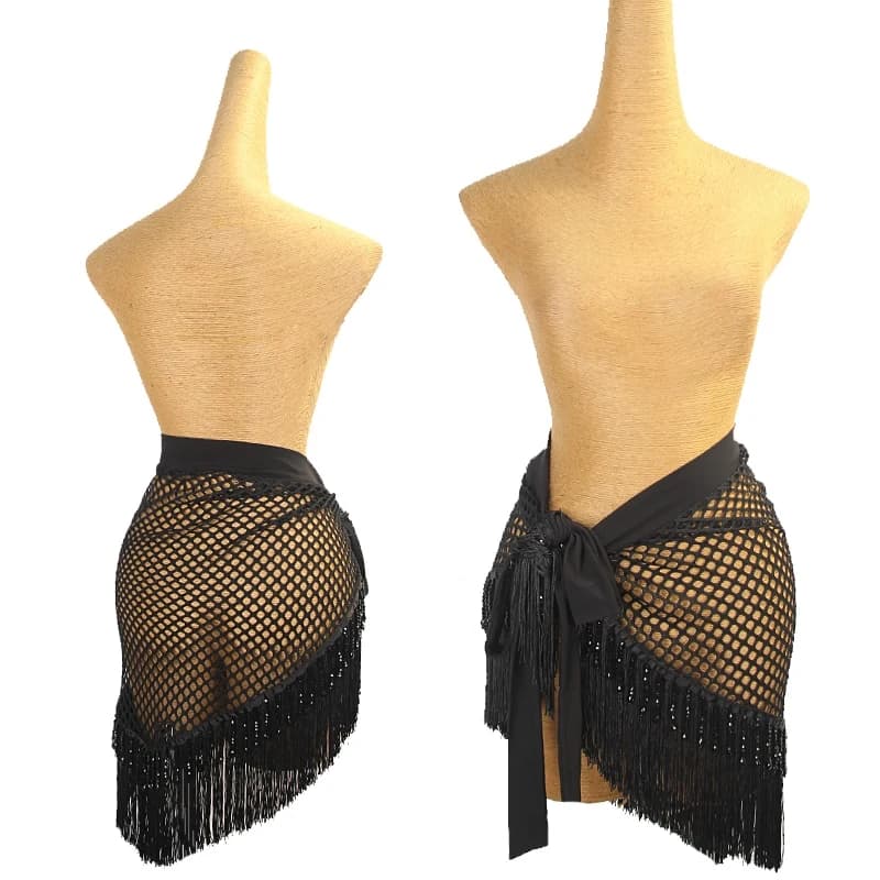 Sexy Black Net Latin Dance Skirt Women Adult Rumba Salsa Samba Dance Clothes Fringe Hip Scarf Latin Training Dancewear DNV21051