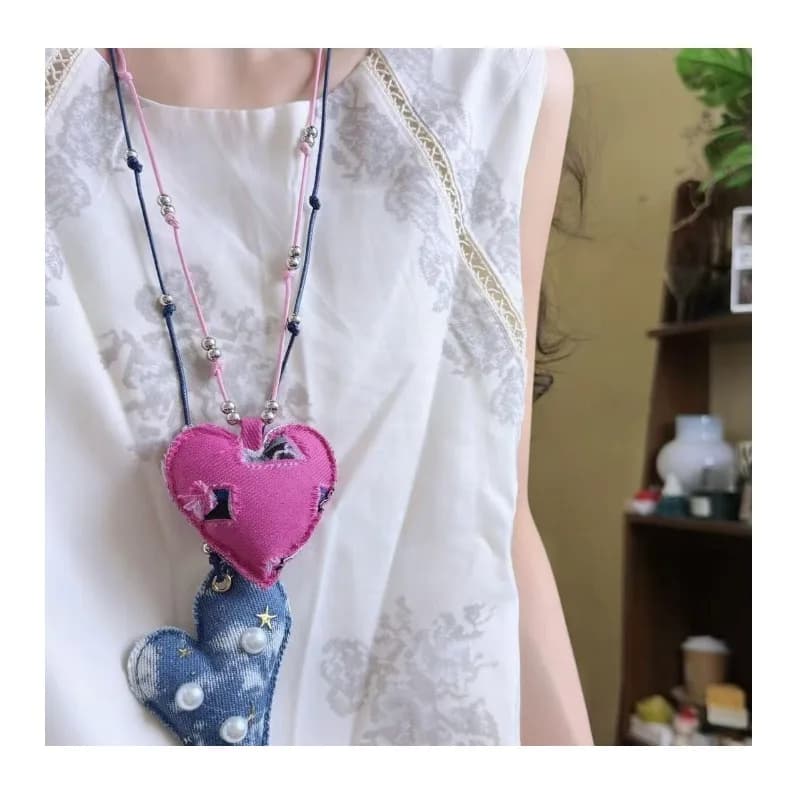 Collana Punk in Denim Blu a Quadri con Corda Intrecciata, Stile Niche, Dolce e Cool, Versatile, Lunga per Maglione, di Tendenza