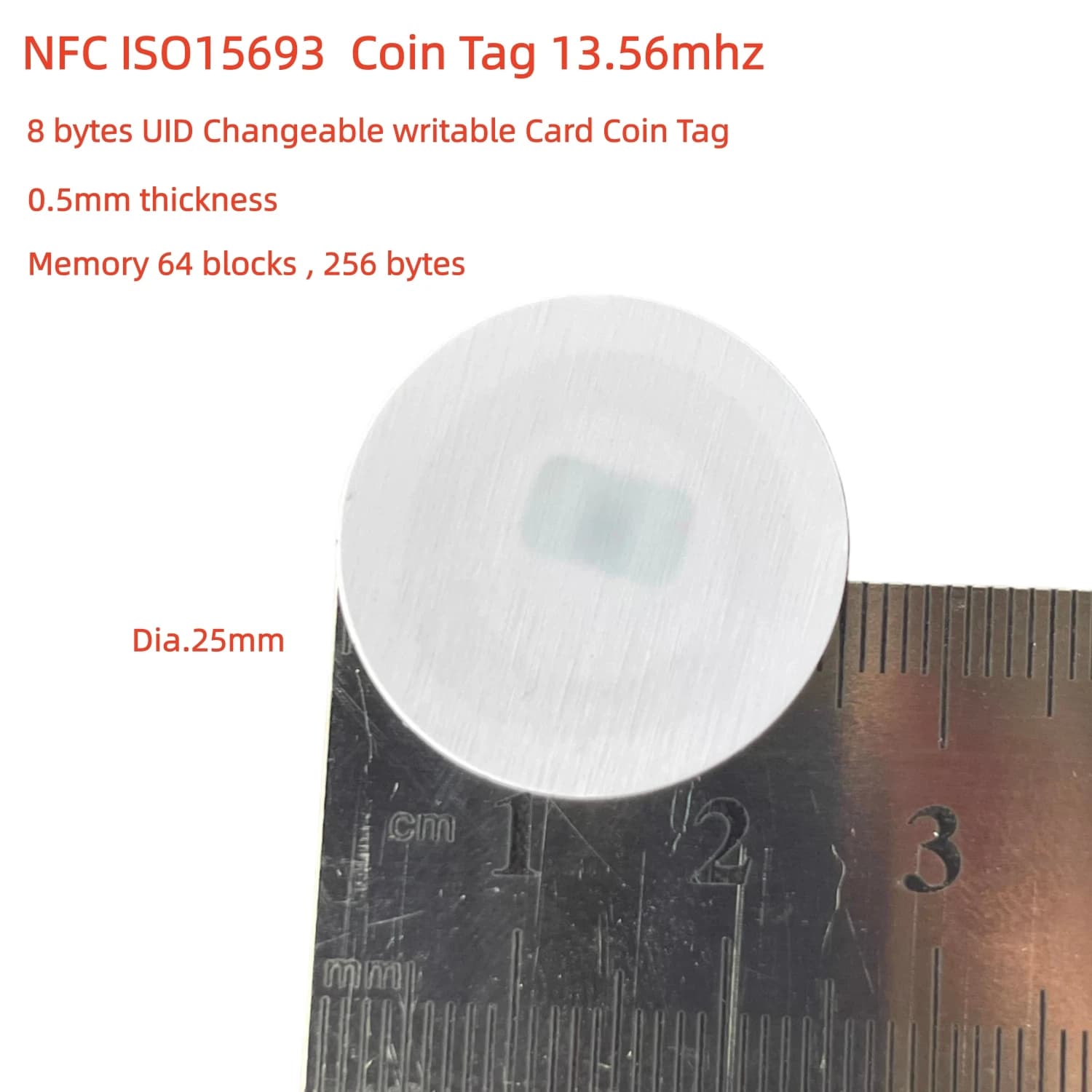 Tag NFC ISO15693 ICODE 8 byte UID modificabile e scrivibile, formato moneta da 25mm con memoria 64 blocchi 256 byte 2K, compatibile con TAG-it TI2048