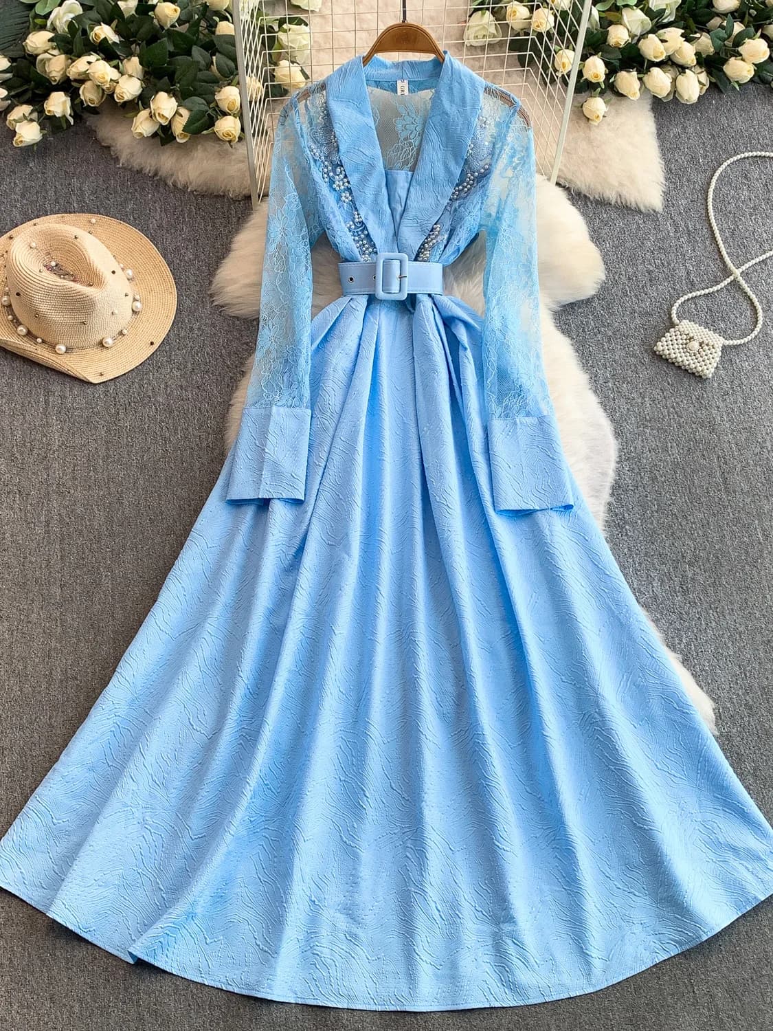 Elegant V-Neck Embroidered Bead Lace Splicing Long Dress Women's Spring Autumn High Waist A-Line Skirt Ball Gown Formal Dress