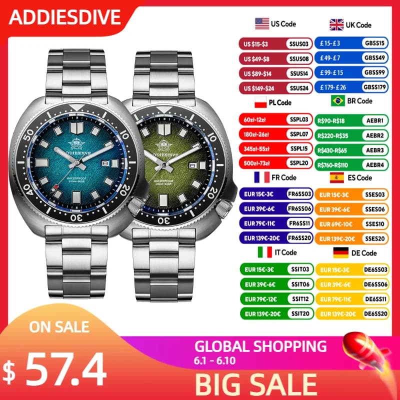 ADDIESDIVE Japan2115 Men's Watch New Sapphire Glass BWG9 Ultra-Luminous Luminous 200 m Waterproof Wrist Watch Luxury Quartz Watches