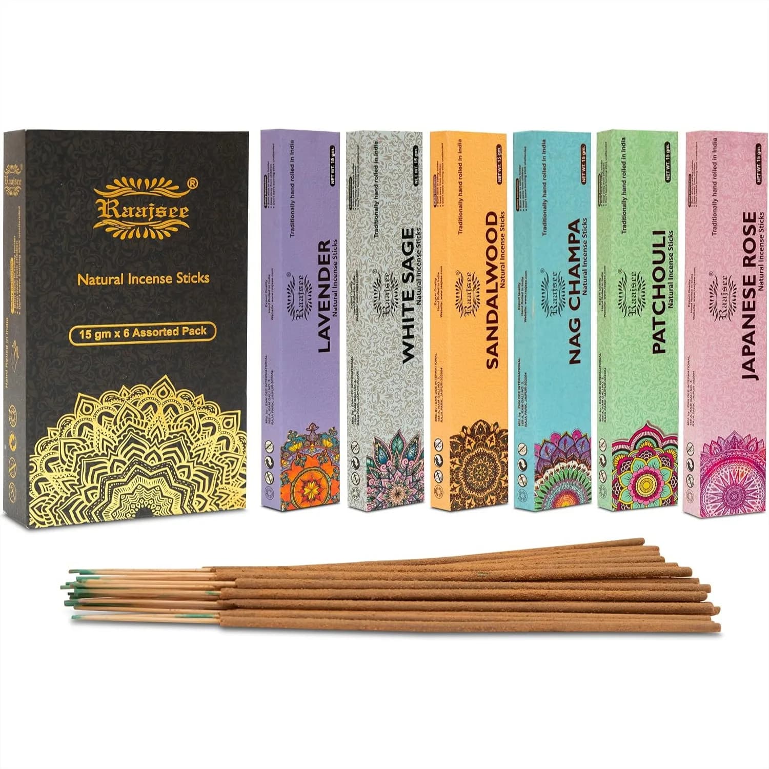 Natural Incense Sticks Variety Pack 6 Scents Hand Rolled Long Lasting 45 Min Each for Yoga Meditation Relaxation