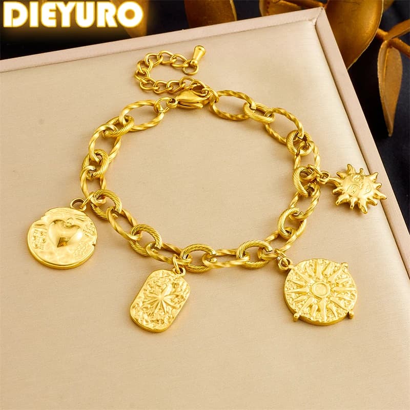 DIEYURO 316L Stainless Steell Golden Irregular Design Sense Sun Bracelet For Women Trend Classic Wrist Chain Jewelry Party Gift