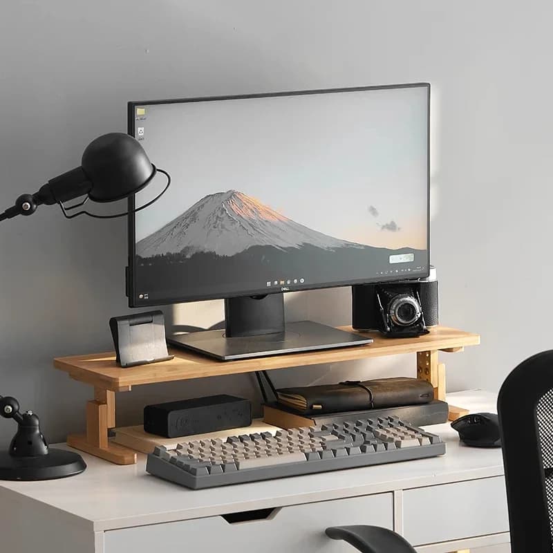 Natural Bamboo Monitor Stand, Desktop Storage Rack, Double-Layer Computer Riser with Drawers, Modern Office Workspace Organizer
