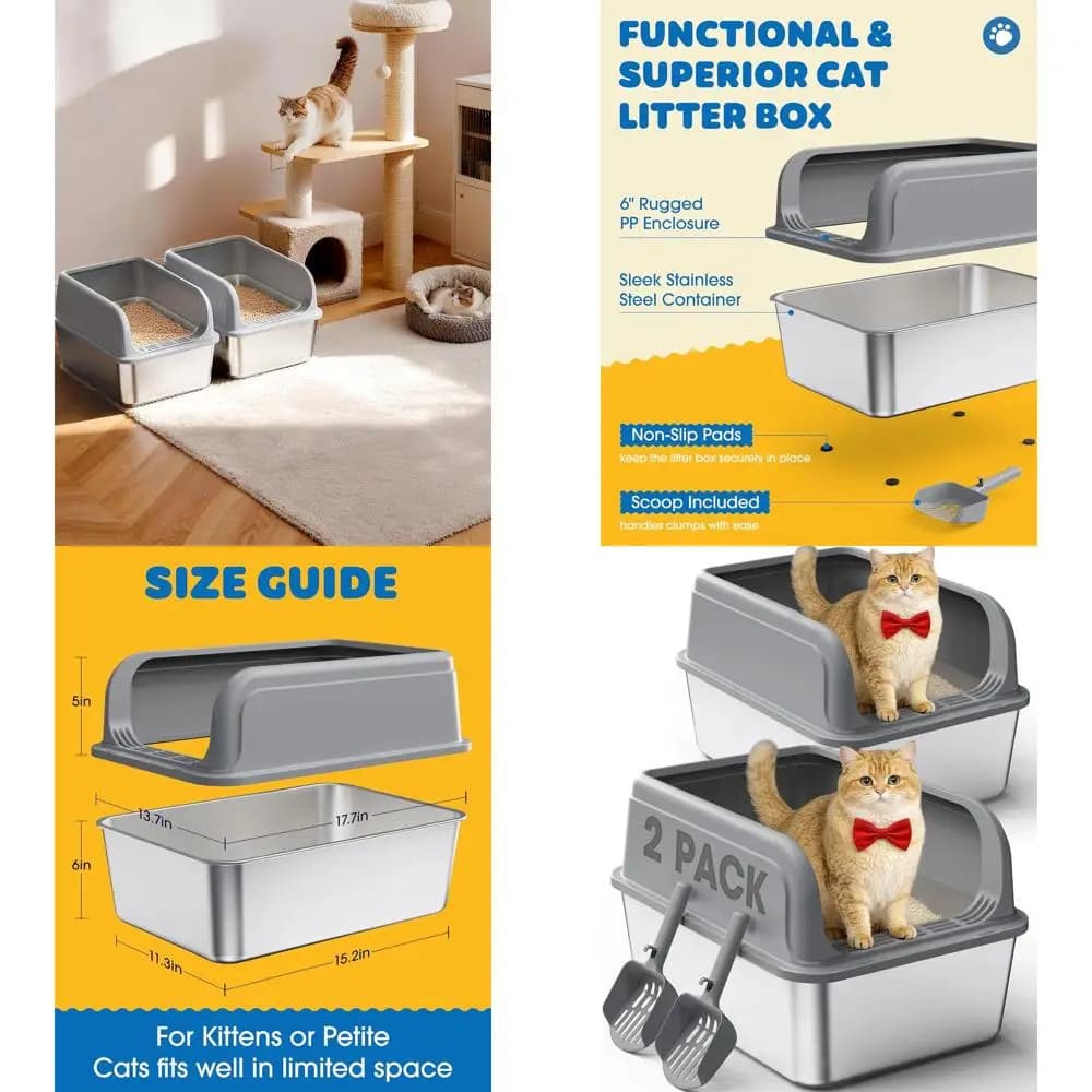 Set Doppio di Lettiera per Gatti in Acciaio Inox con Paletta, Facile da Pulire, Contenitore in Metallo Antiaderente, Grigio